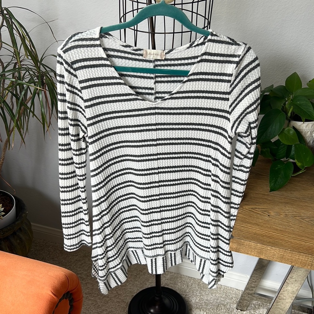 White with gray stripes, long sleeve, flowy sweater